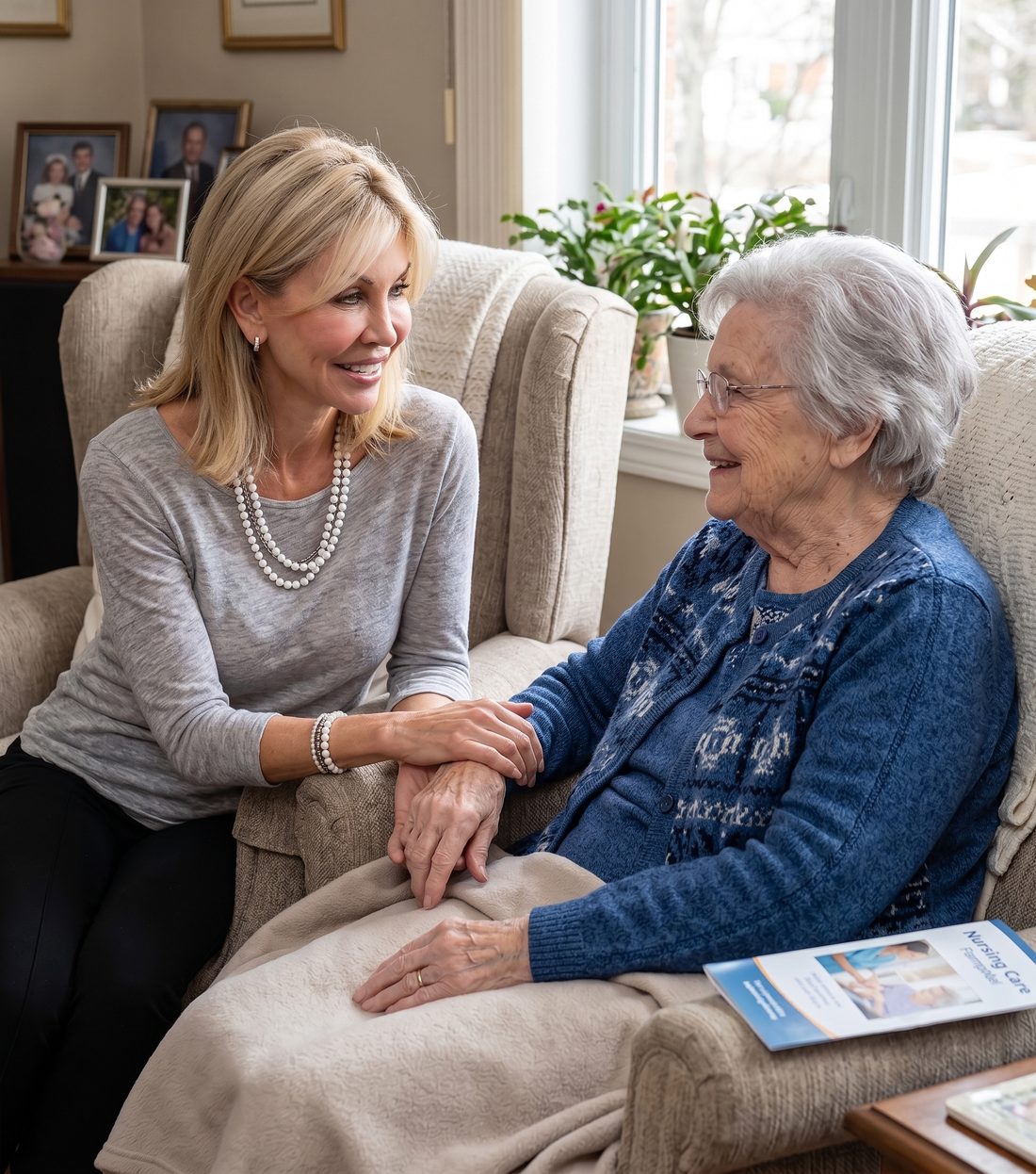 Jacque, Best Care's RN owner, sitting with a client at home